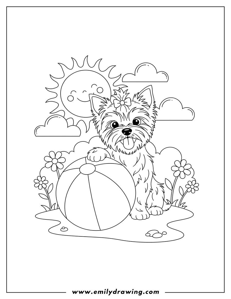 Full page coloring image of happy Yorkie sitting with its paw on a striped ball, tongue out, enjoying a sunny day