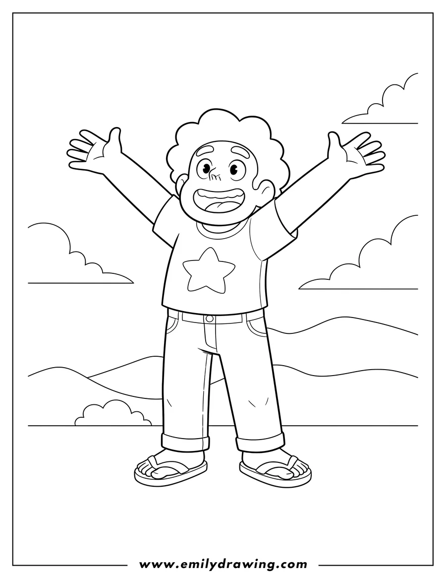 Full page coloring image of happy young Steven Universe with outstretched arms
