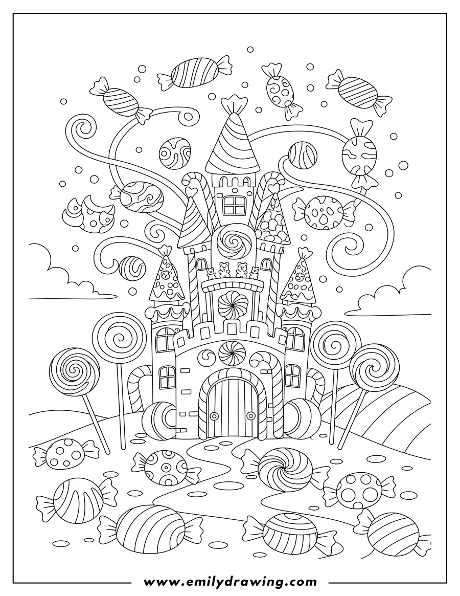 Coloring page of hard Candies Front Candy Land Castle with lollipops and floating candies