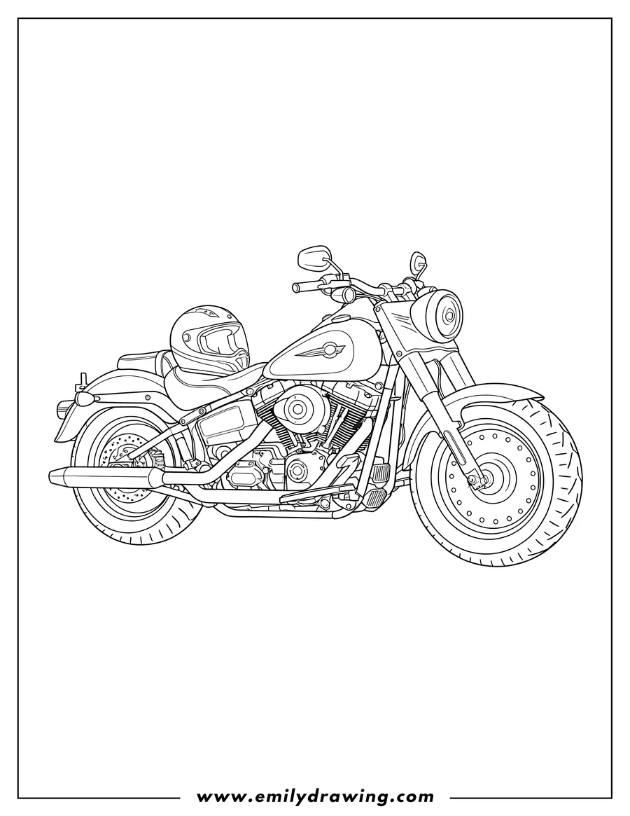 Vector style outline of harley Davidson Fat Boy Motorcycle, parked with a helmet