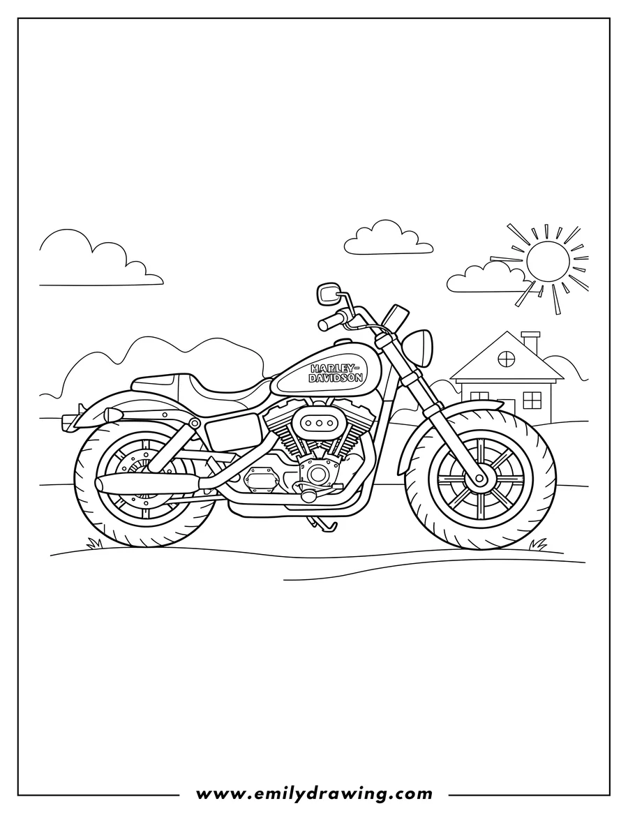 Coloring sheet featuring harley Davidson motorcycle parked