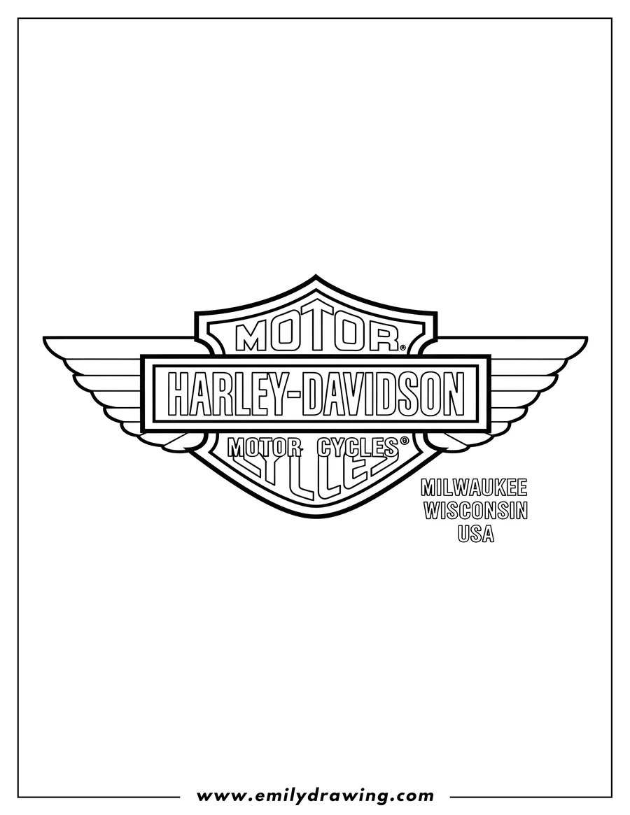 PDF style coloring page: harley Davidson Motorcycles logo outline