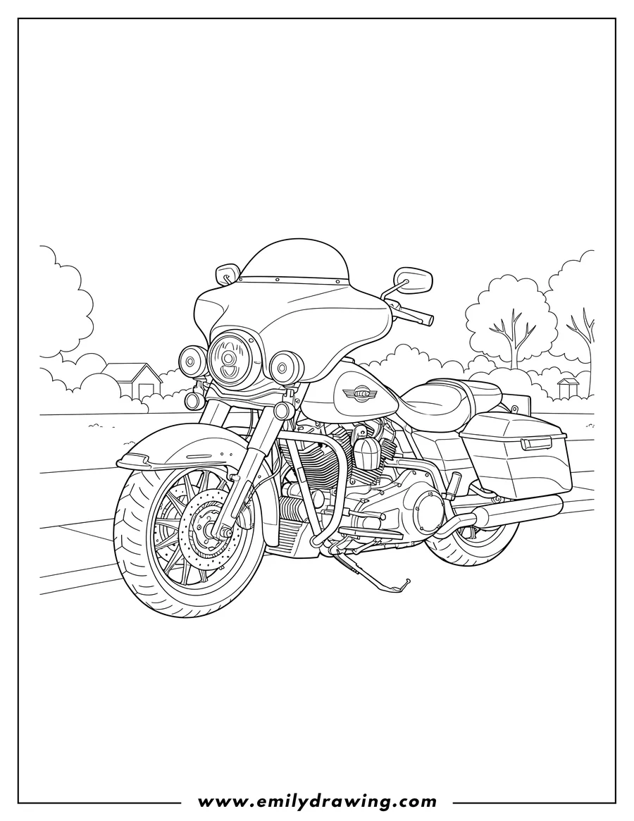 Outline drawing of harley Davidson Road King motorcycle parked on a street, showing its front-left side