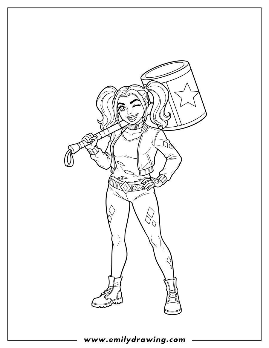 Doodle style coloring picture of harley Quinn from Suicide Squad, winking and holding a mallet