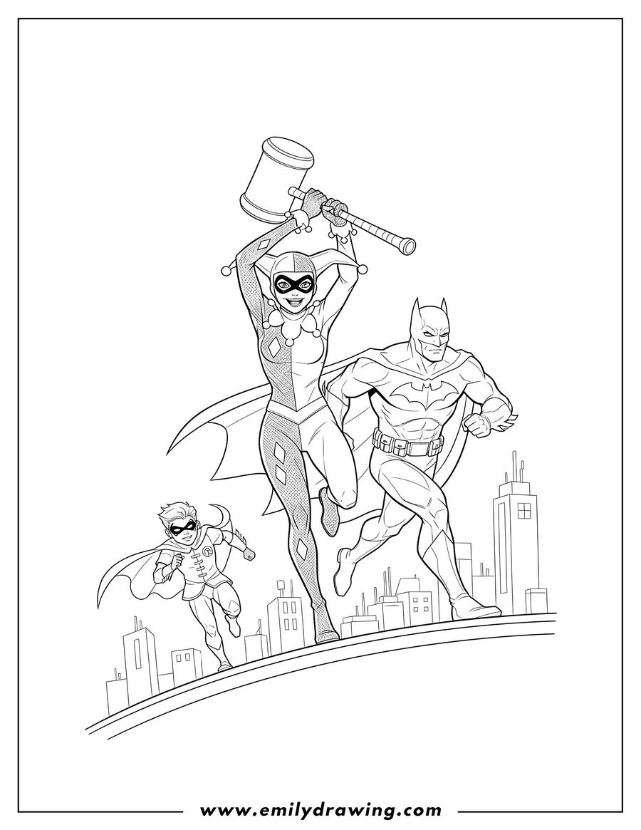 Coloring page for kids: harley Quinn jumping with a mallet, with Batman and Robin running