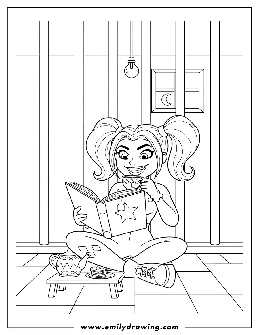 PDF style coloring page: harley Quinn sitting cross-legged in pigtails, reading and drinking tea in prison