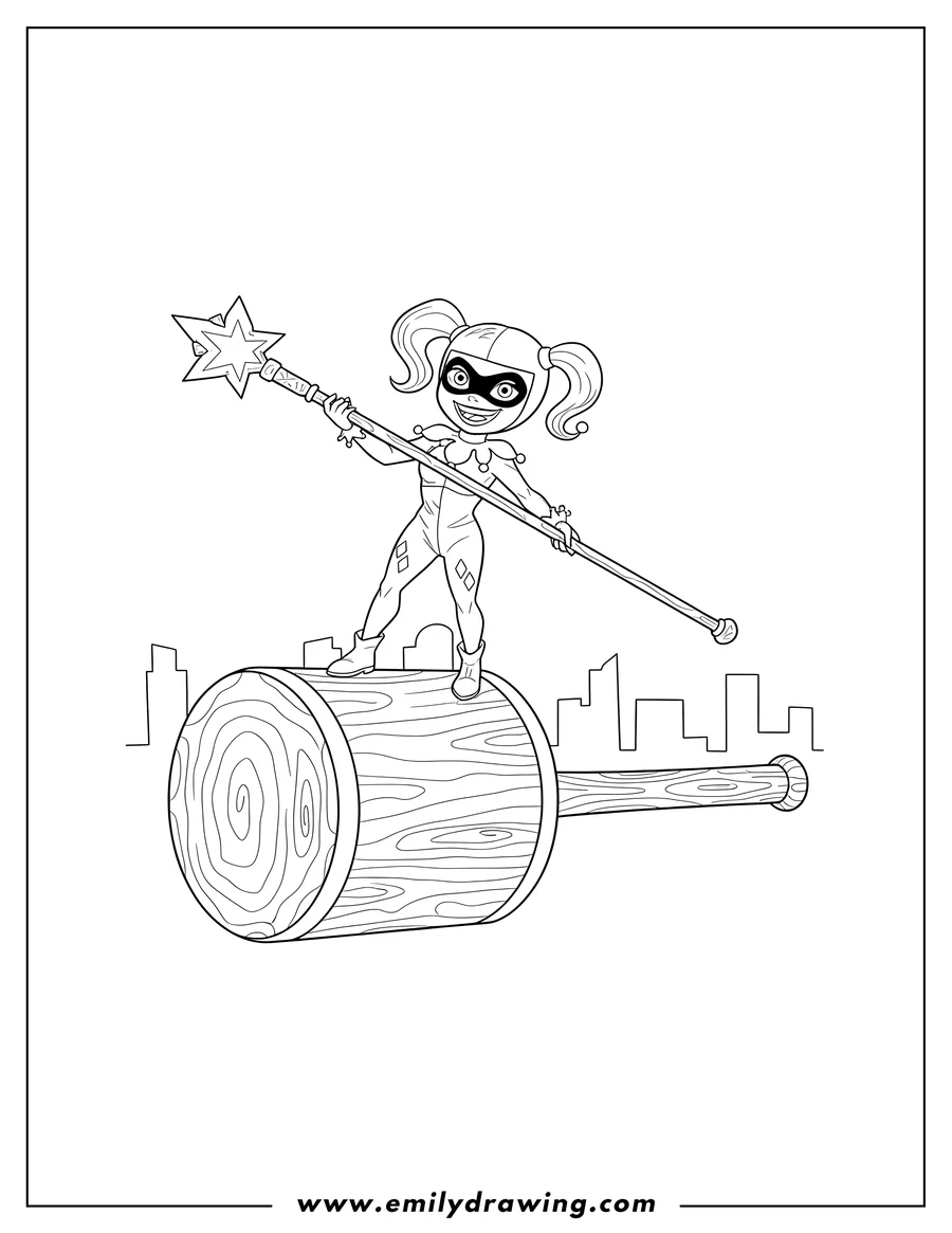 Outline drawing of harley Quinn standing on her big mallet, holding a staff