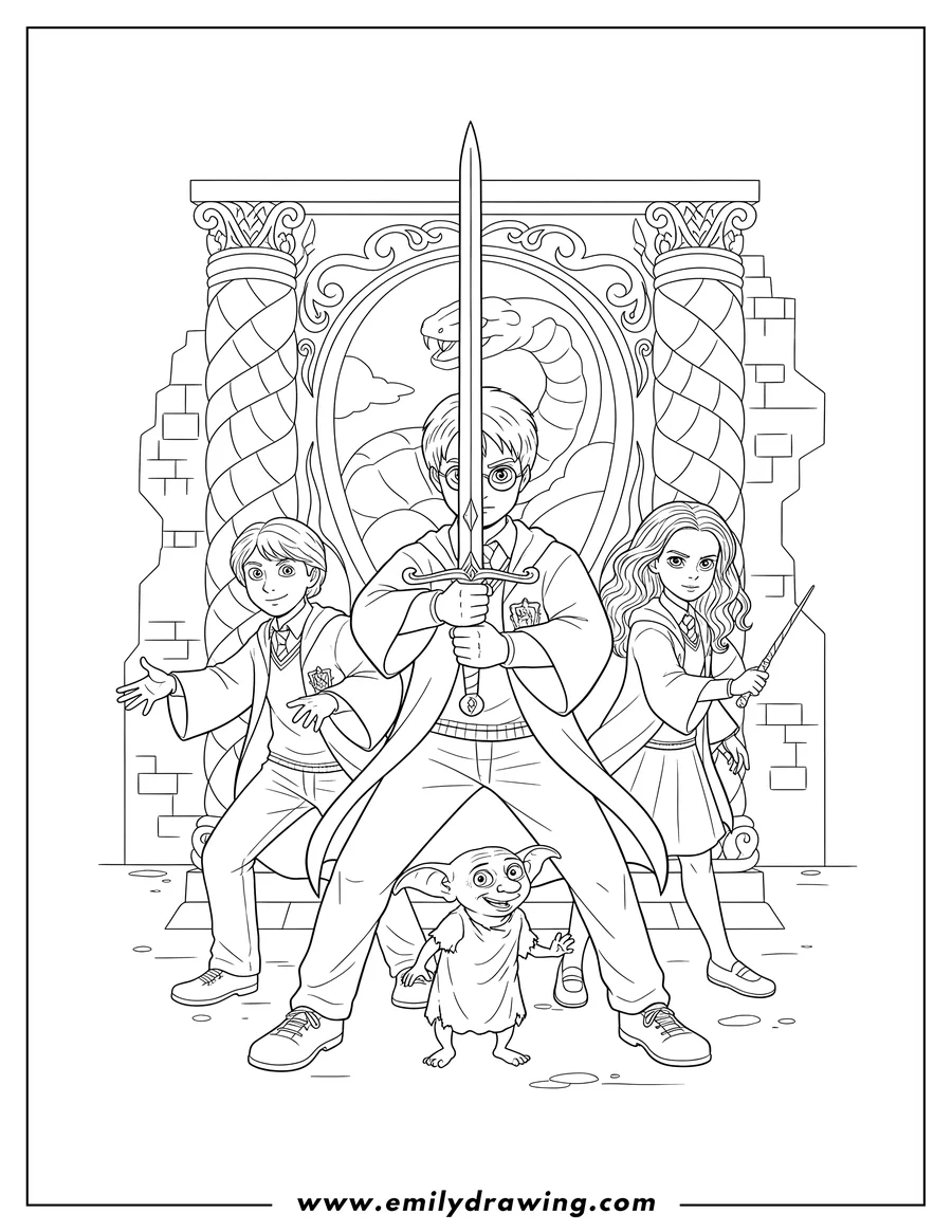 Coloring sheet featuring harry Potter And Chamber Secrets Poster, with Harry holding the Sword of Gryffindor, alongside Ron, Hermione, and Dobby