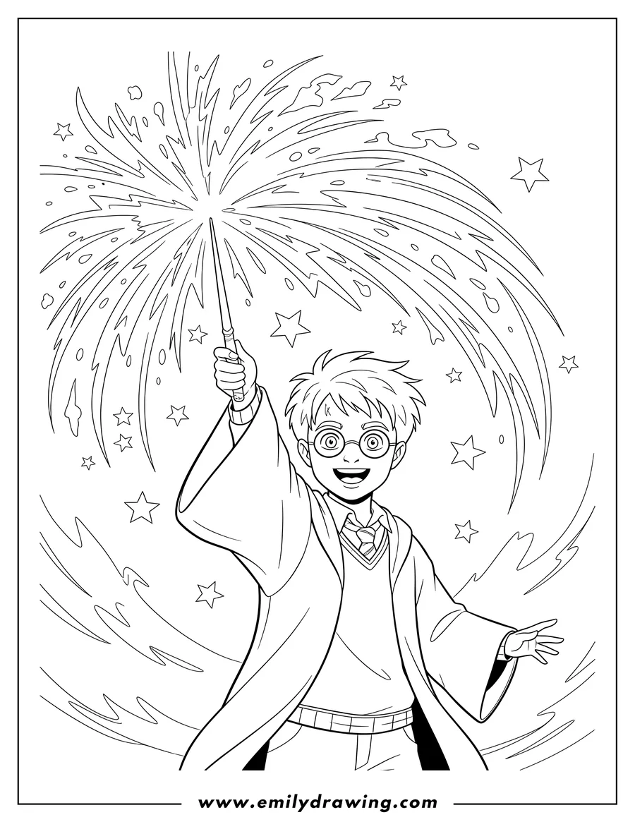 Black and white line art of harry Potter smiling, casting a strong spell with magic bursting from his raised wand