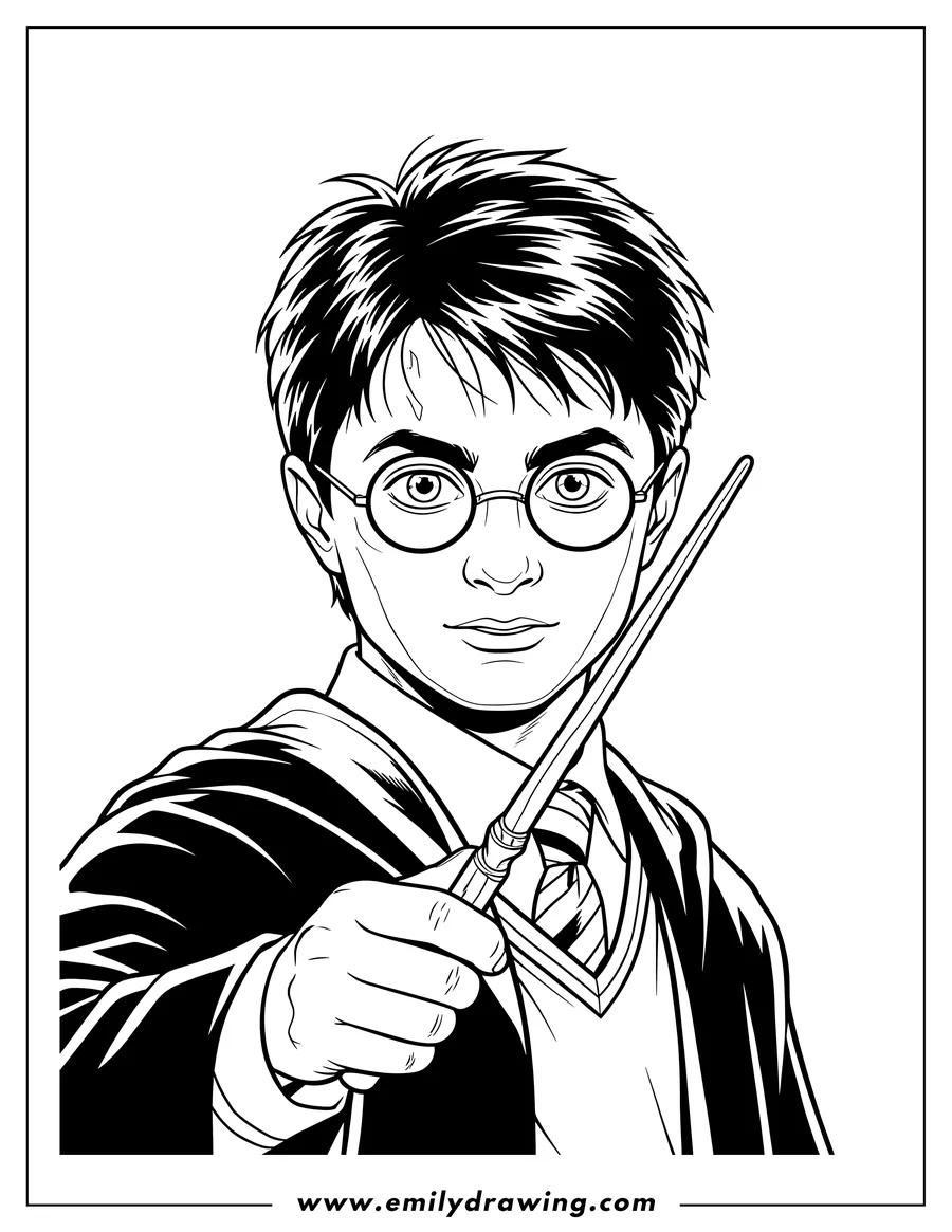 Free printable coloring sheet of harry Potter Close Up V2, wearing glasses, holding a wand, and in his school uniform