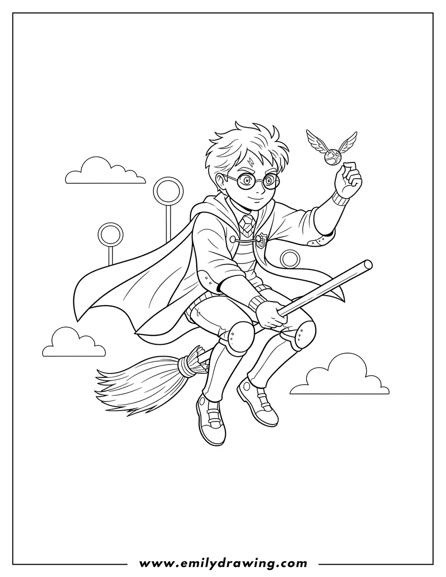 Clean line drawing: harry Potter in Quidditch robes flying on a broomstick and holding the Golden Snitch