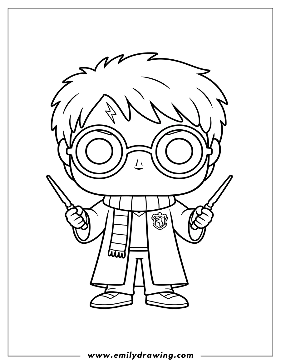 Free printable coloring sheet of harry Potter Funko Pop wearing round glasses and holding two wands