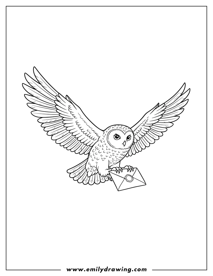 Vector style outline of harry Potter Owl with outstretched wings delivering an envelope
