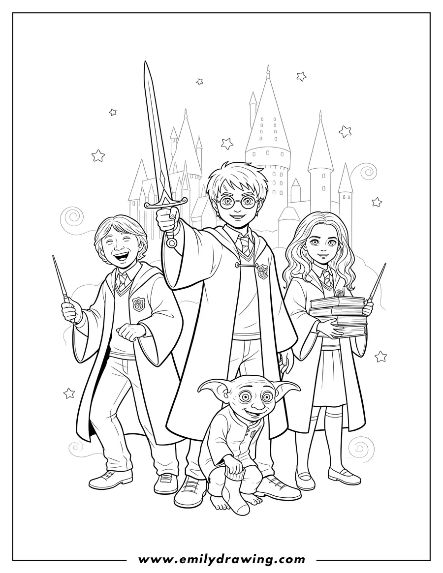 Free printable coloring sheet of harry Potter Movies: Harry, Ron, Hermione, and Dobby, with Harry holding a sword