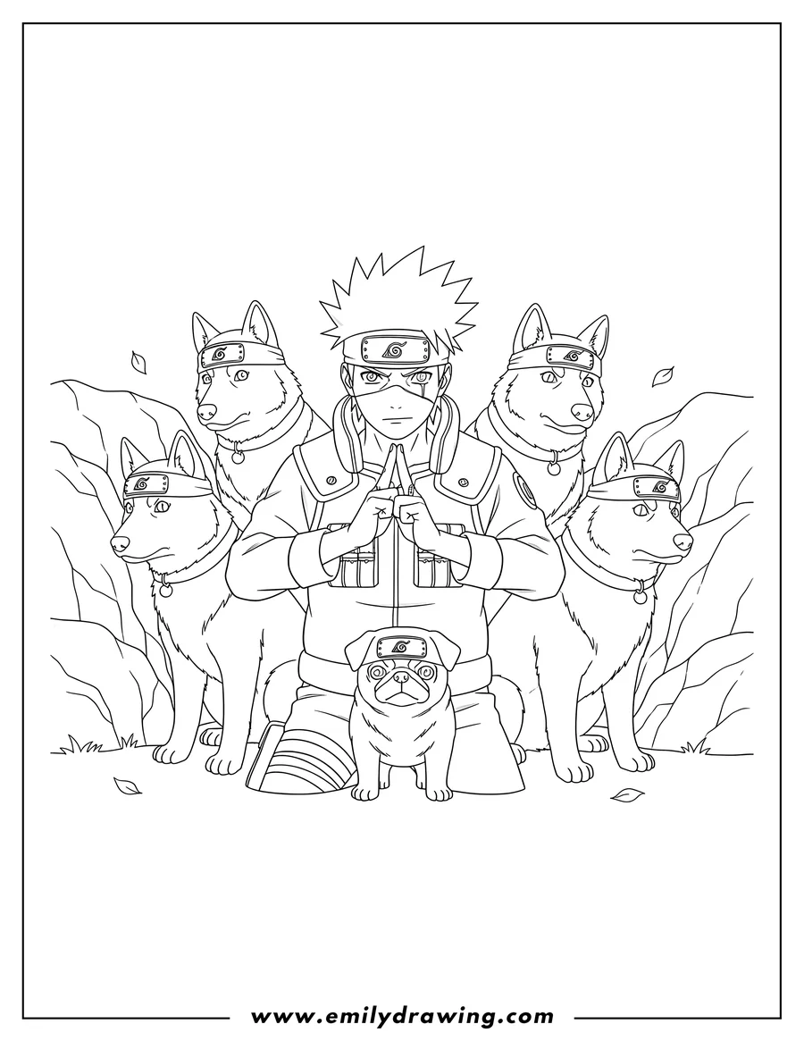 Simple sketch of hatake Kakashi making a hand sign with Pakun and his ninja dog pack surrounding him to color