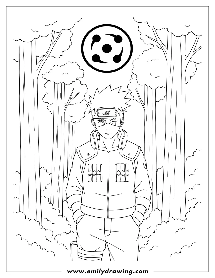 Outline drawing of hatake Kakashi standing pensive with hand in pocket, forest with Mangekyo Sharingan in sky