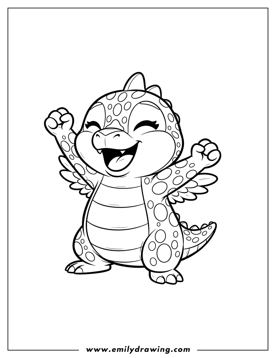 Printable line art of hatchimals Draggle cheering, with one arm raised and eyes closed