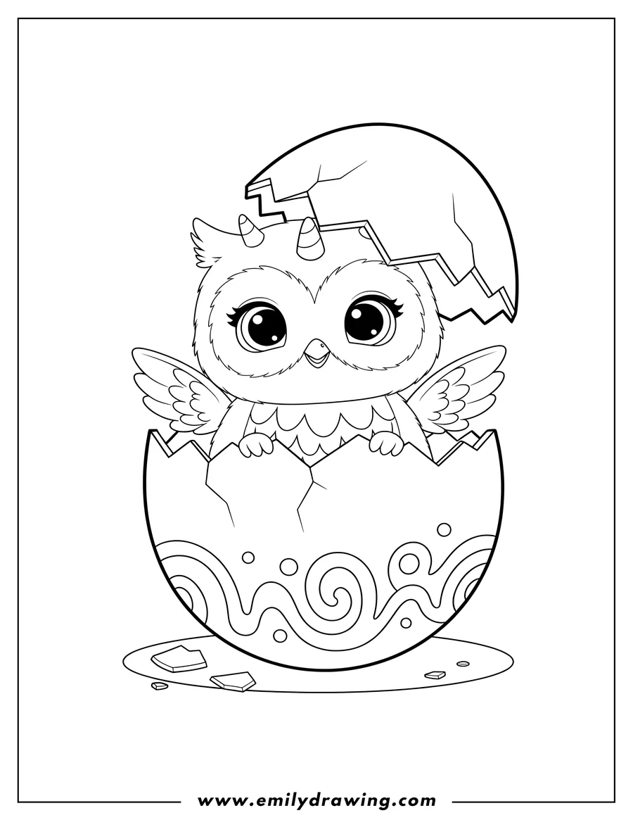 Coloring page for kids: hatchimals Owlicorn peeking out of a broken egg