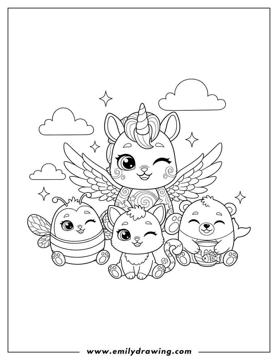 Simple sketch of hatchimals Pegasus, Bee, Seal, Bear, and Cat characters sitting together and winking to color