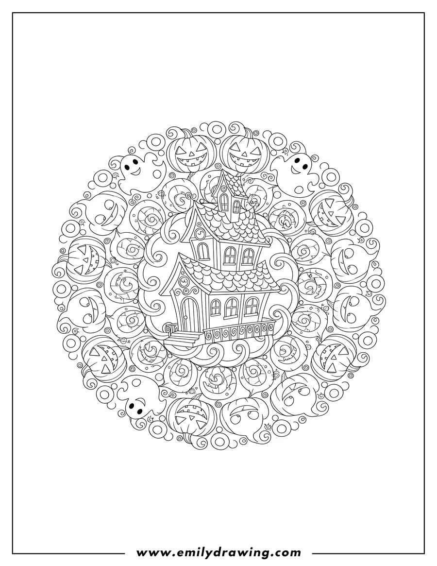 Simple sketch of haunted House Ghosts And Pumpkins Halloween Mandala, featuring flying ghosts and carved jack-o'-lanterns to color