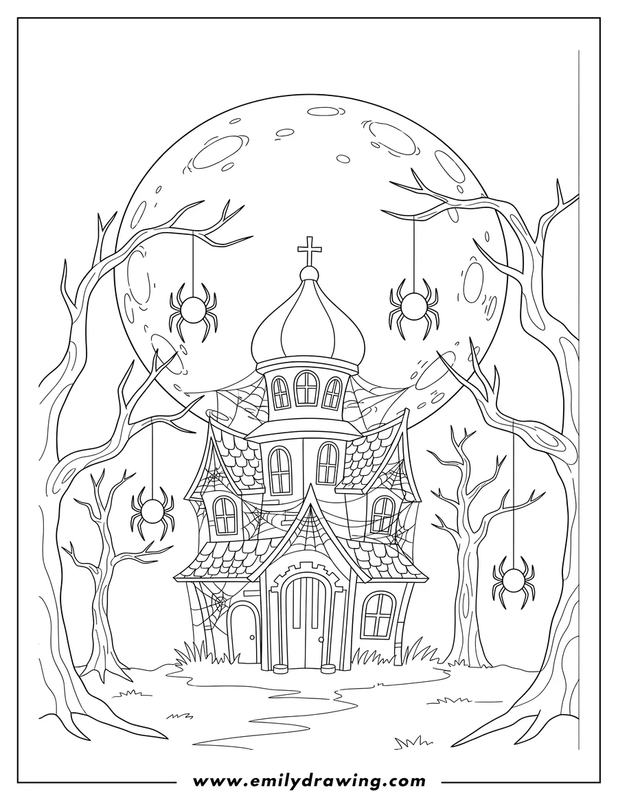 Outline drawing of haunted House With Spider Webs and Full Moon, with bare gnarled trees and hanging spiders