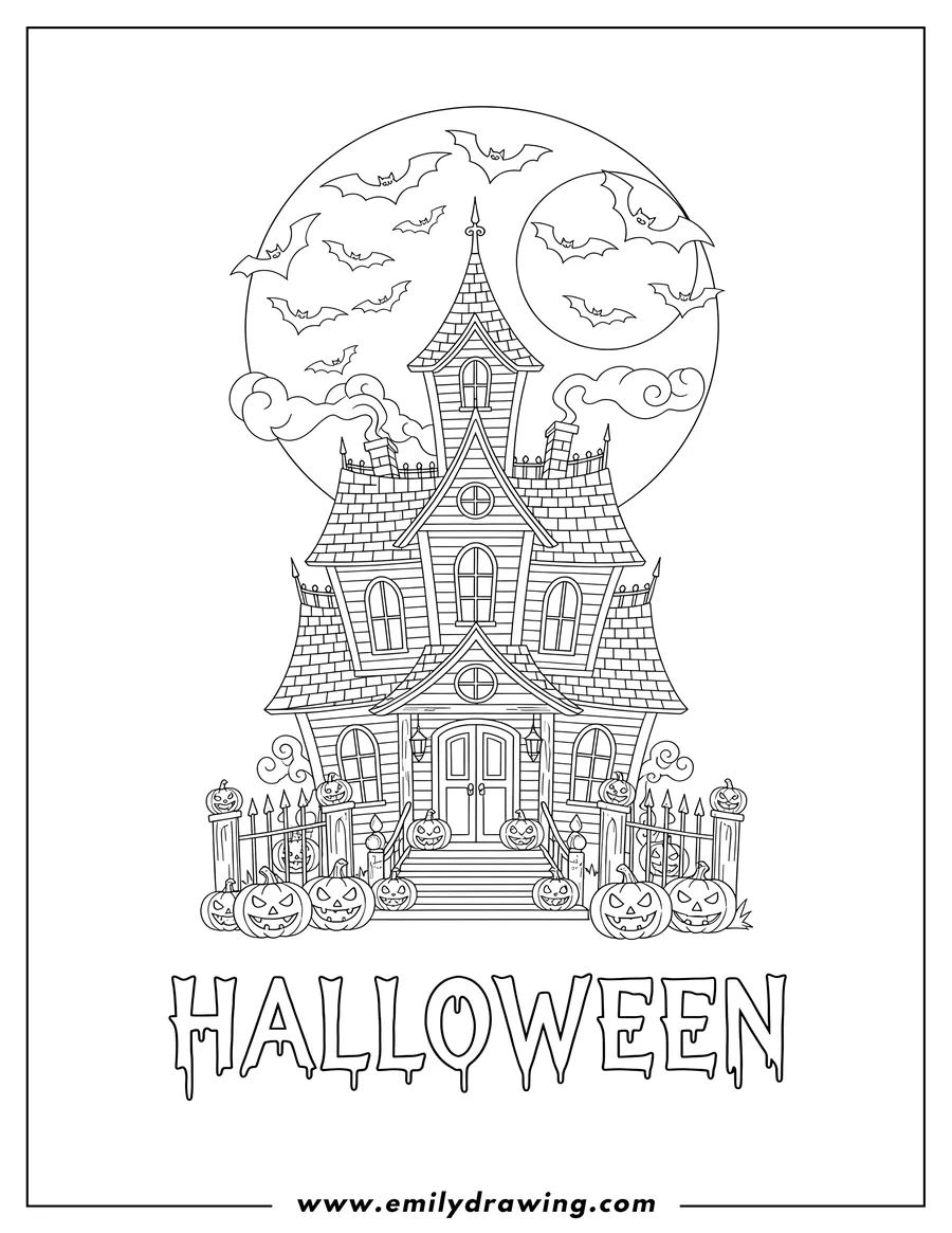 Free to print drawing of haunted Mansion With Glowing Jack O Lanterns, flying bats, and 'HALLOWEEN' text