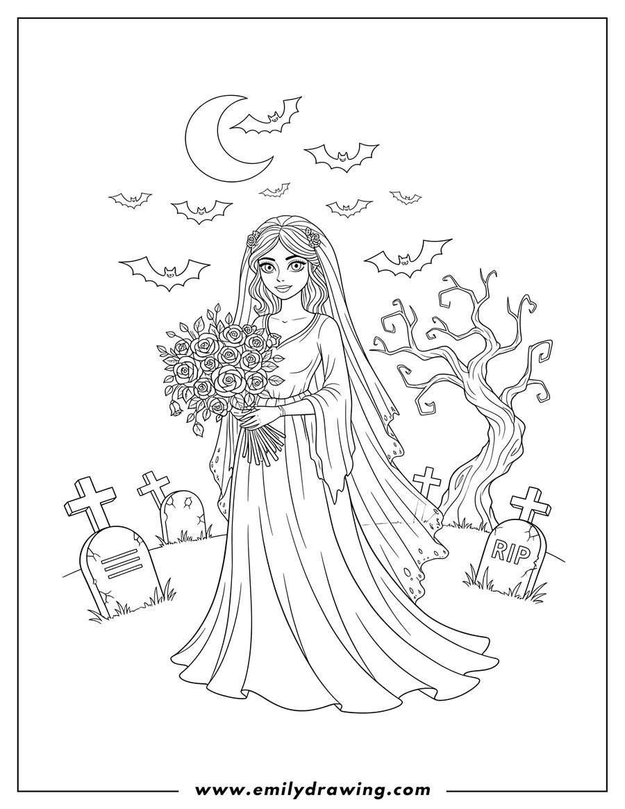 High quality printable haunting Bride with veil and holding a bouquet, Standing Cemetery With Bats Sky Halloween for coloring