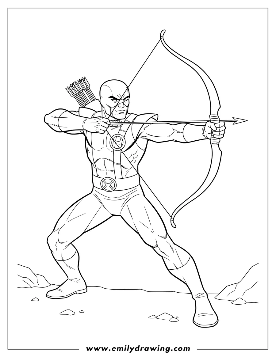 Vector style outline of hawkeye Clint Barton holding his bow and arrow, ready to shoot