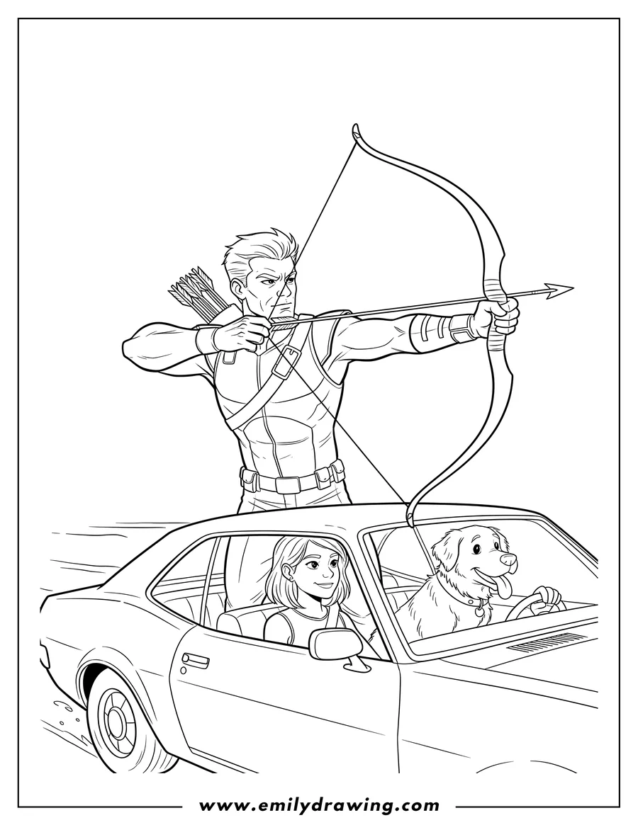 Linear illustration of hawkeye shooting an arrow while standing out of a car, with Kate Bishop driving and Lucky