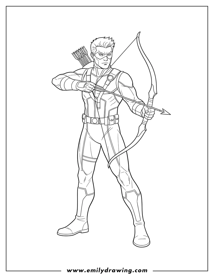 Simple sketch of hawkeye Superhero To Color, holding a bow and arrow, standing to color