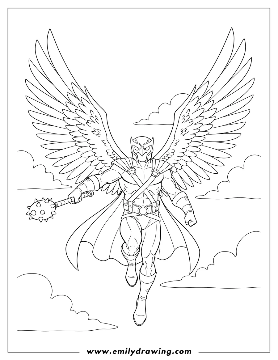 Coloring page of hawkman Sky, holding a mace, with wings spread