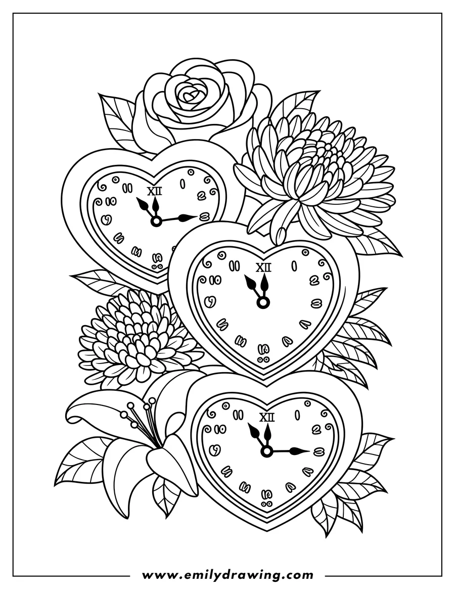 Line art of three heart-shaped clocks surrounded by various blooming flowers, including a rose, a chrysanthemum, and a lily.