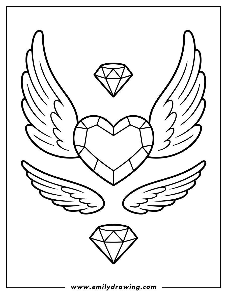 Line art of a large heart-shaped gemstone with two pairs of wings, flanked by two smaller diamond-shaped gemstones