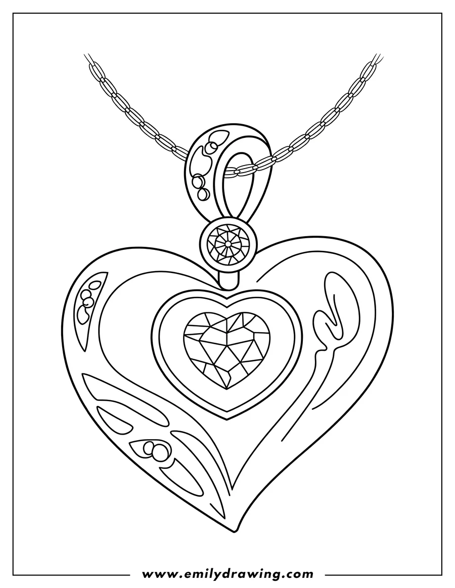 Outline of a heart-shaped pendant with intricate designs, featuring a large faceted diamond in its center, suspended from a delicate chain.