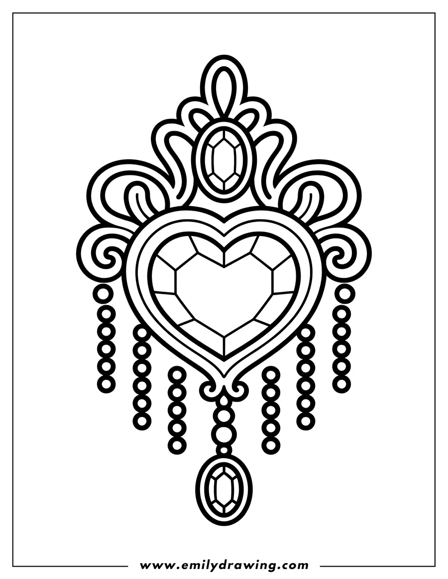 Detailed line art of a heart-shaped diamond pendant with intricate scrollwork and dangling bead chains.