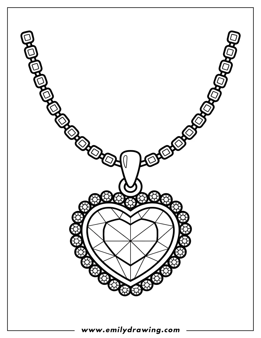 Line art of a heart-shaped diamond pendant on a linked necklace, with smaller diamonds framing the heart.