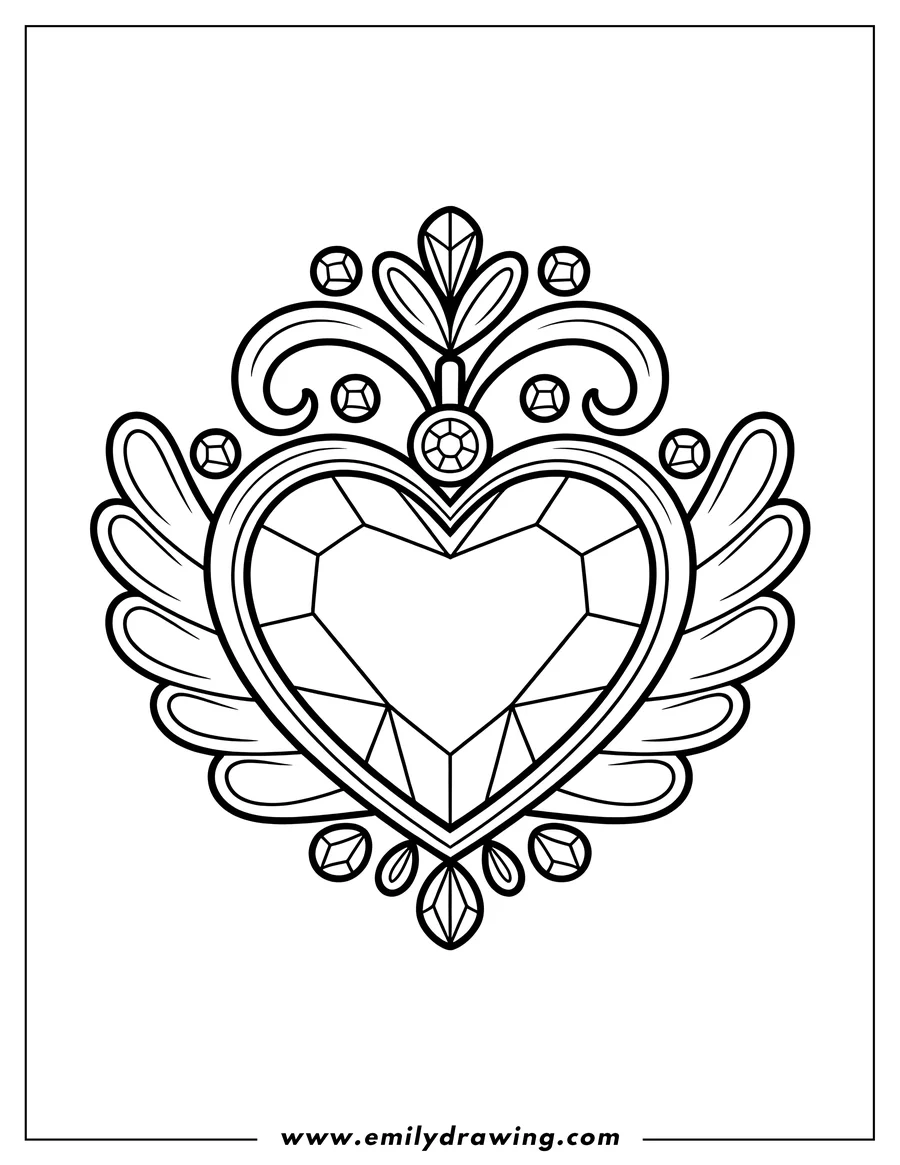 Outline of a large heart-shaped jewel with faceted lines, surrounded by decorative swirls and smaller diamond shapes, resembling a magical pendant or broach.
