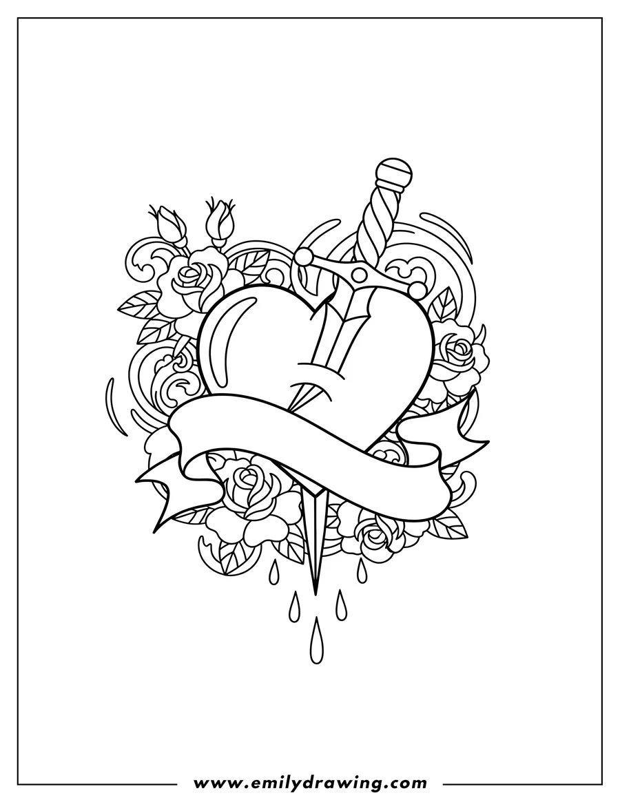 Linear illustration of easy Love Heart With Banner, Dagger piercing it, with Roses and Drips, Tattoo style