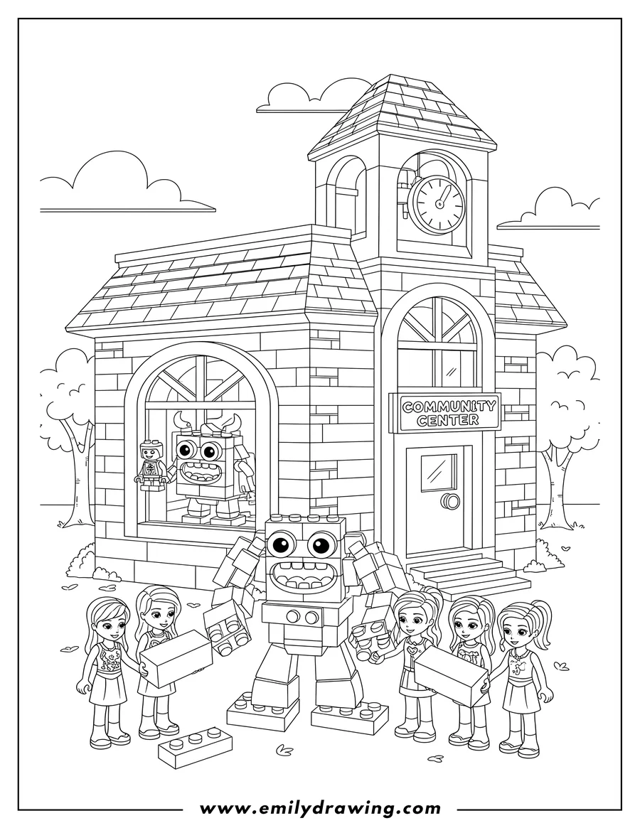 Full page coloring image of heartlake City Community Center Lego Friends with characters building and a monster inside