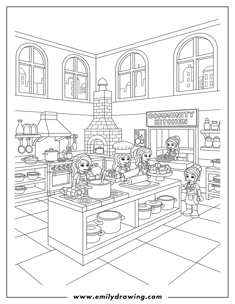 Free to print drawing of detailed Heartlake City Community Kitchen with minifigures preparing and serving food