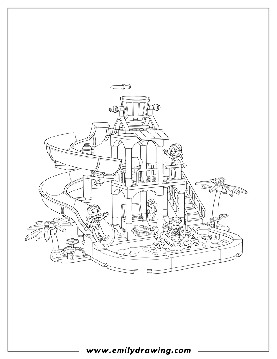 Linear illustration of lego Friends Heartlake City Water Park playset with mini-dolls going down slides