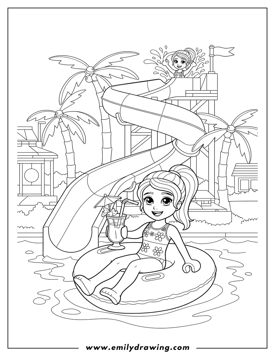Black and white line art of easy Lego Friends Heartlake City Water Park Summer, a girl on a float with a drink, and a friend waving from a water slide