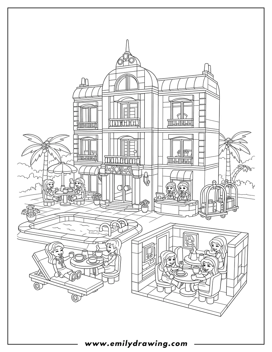 Coloring page for kids: lego Friends Heartlake Grand Hotel with characters relaxing and dining