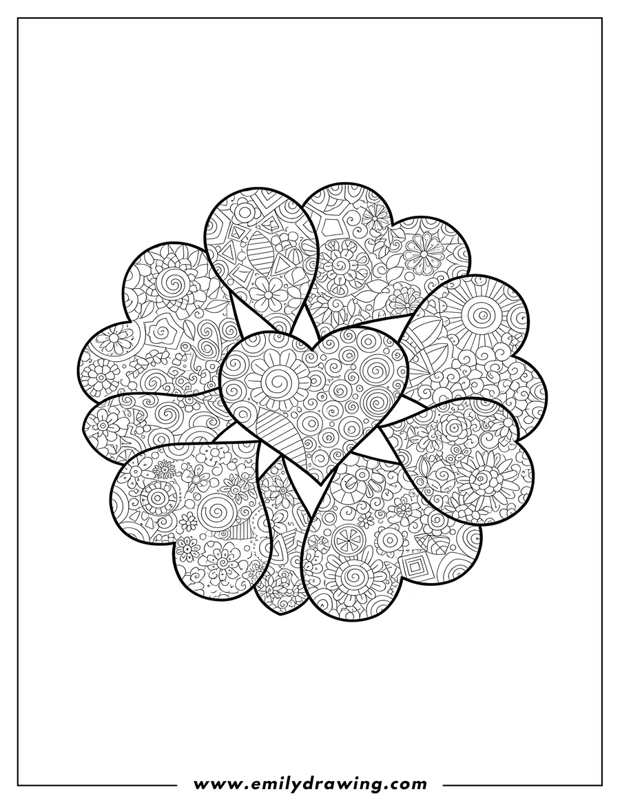 Doodle style coloring picture of hearts Zentangle, many overlapping with intricate patterns
