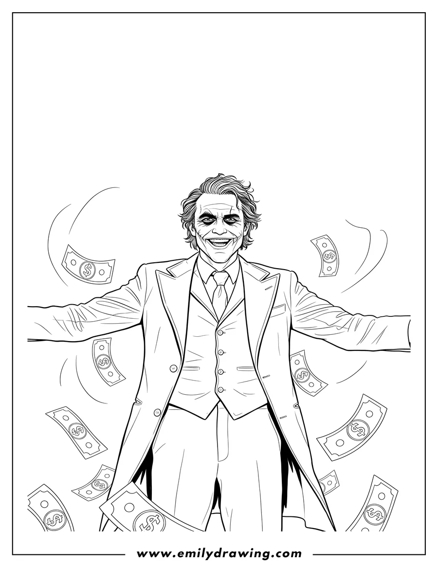 PDF style coloring page: heath Ledger As Joker To Color, with a big grin, arms outstretched, and money falling