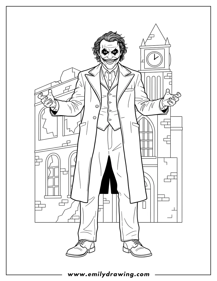 High quality printable heath Ledger As Joker With Scary Smile, standing full body in a long coat for coloring