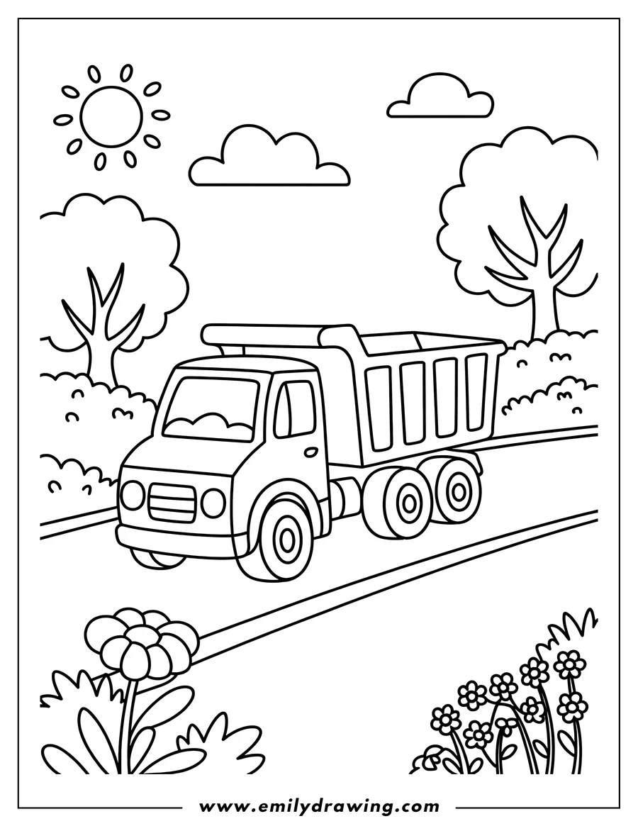 Line art of a heavy-duty truck driving on a road with trees, bushes, and flowers along the sides, under a sunny sky with clouds.