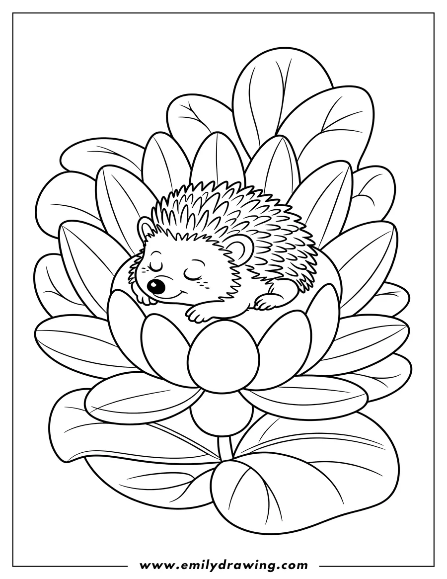 PDF style coloring page: hedgehog