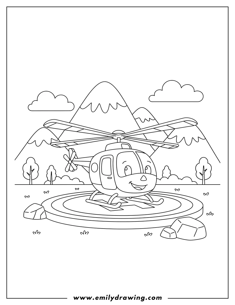 Coloring page of helicopter landed on a helipad next to mountains To Color Scaled