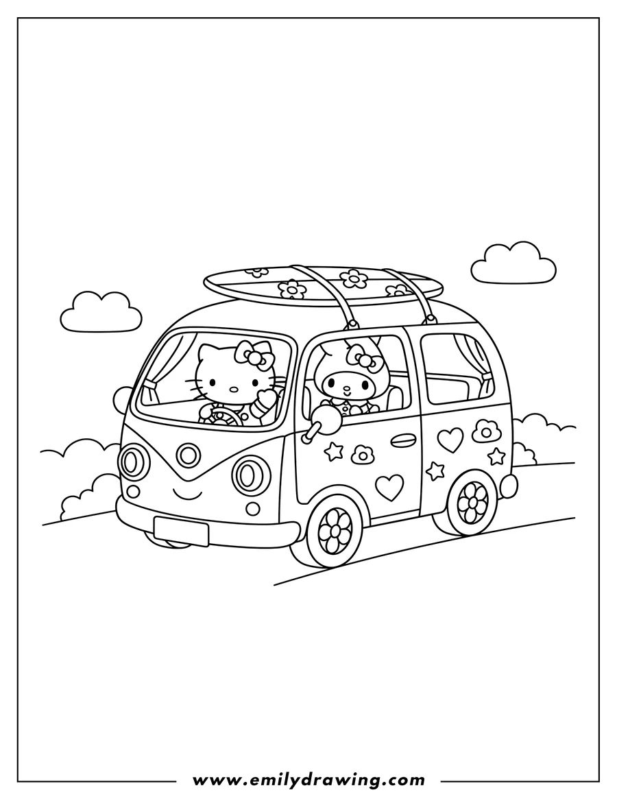 Coloring page of hello Kitty and friend driving a kawaii camper van with a surfboard